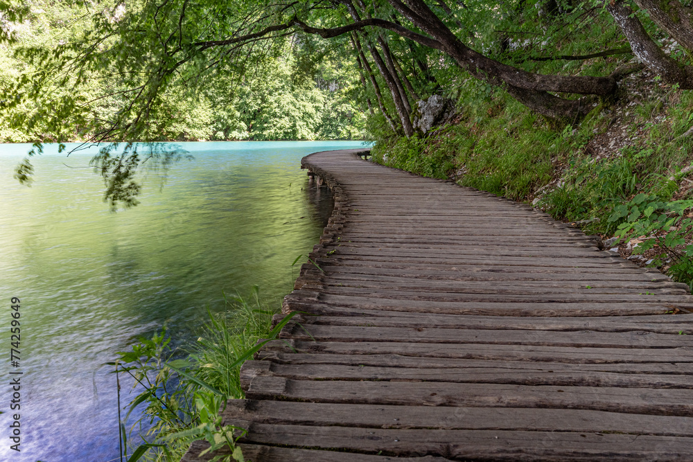 Fototapeta premium Steg im Nationalpark Plitvicer Seen in Kroatien, entlang der Seen durch den Wald
