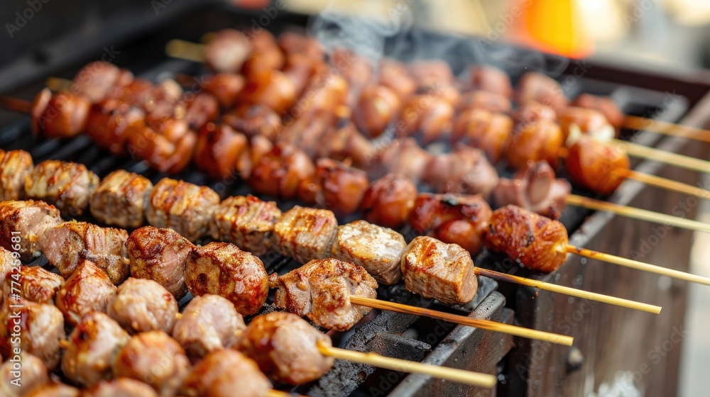 Sausages and meat on a wooden skewers on the grill, close-up Sausages and meat on a wooden skewers on the grill, close-up