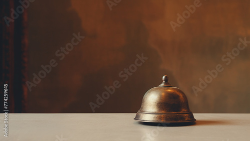 a bell for calling staff on a table in a hotel on a solid background with a copy space