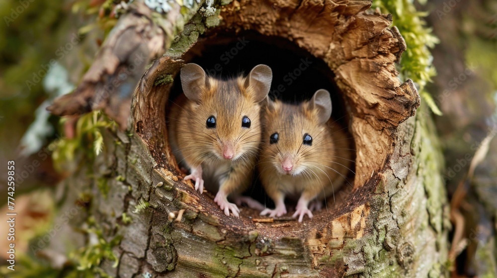 Common Dormouse, muscardinus avellanarius, Pair standing at Nest Entrance Common Dormouse, muscardinus avellanarius, Pair standing at Nest Entrance