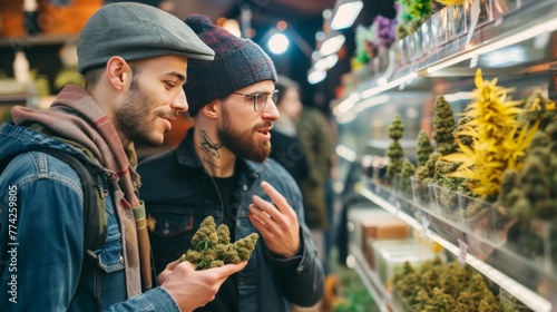 Curious young people in a cannabis shop photo