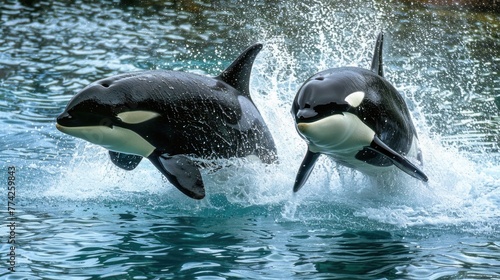 KILLER WHALE orcinus orca  PAIR LEAPING