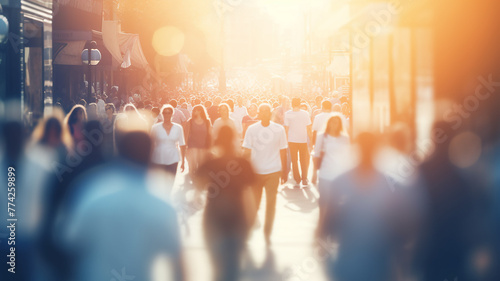 crowd of people on a sunny summer street blurred abstract background in out-of-focus, sun glare image light © kichigin19