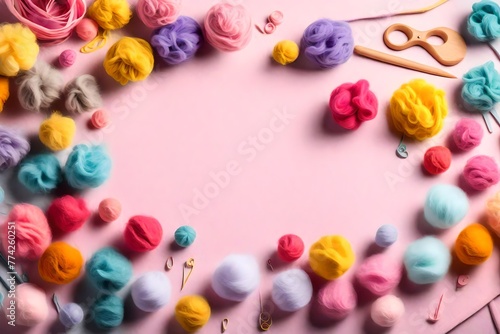 Graphic banner of colorful pastel felt craft pom poms, with copyspace