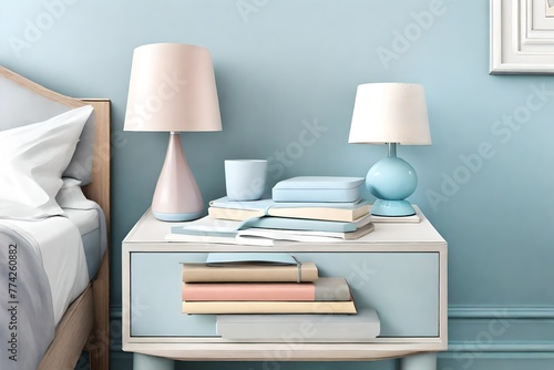 Pastel blue nightstand with lamp and a stack of pastel-covered journals © MISHAL