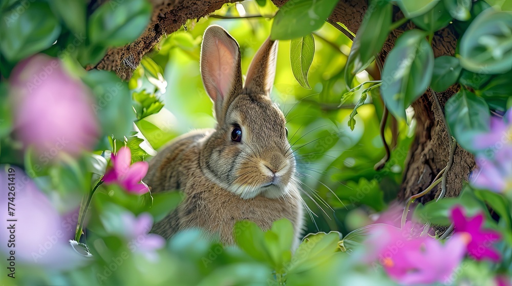 A cautious wild rabbit peers out from its hiding place within the lush greenery and vibrant spring flowers, alert and curious. A cautious wild rabbit peers out from its hiding place within the lush greenery and vibrant spring flowers, alert and curious.