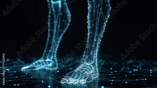 Glowing hologram of human feet 3D with bone structure with dark background.