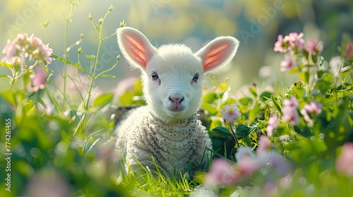 A young lamb lies cozily amidst the blooms of a sunlit flower meadow, symbolizing peace and the freshness of spring.