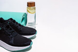 Sneakers and fitness accessories close-up, healthy lifestyle