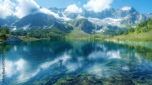 Crystal clear waters of an alpine lake reflect the surrounding peaks and lush greenery, under a sky partly shrouded by soft clouds.