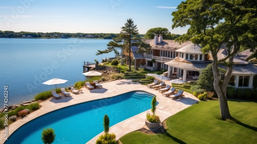 Mediterranean inspired villa with a sprawling garden and a private beach access in the exclusive Hamptons  New York