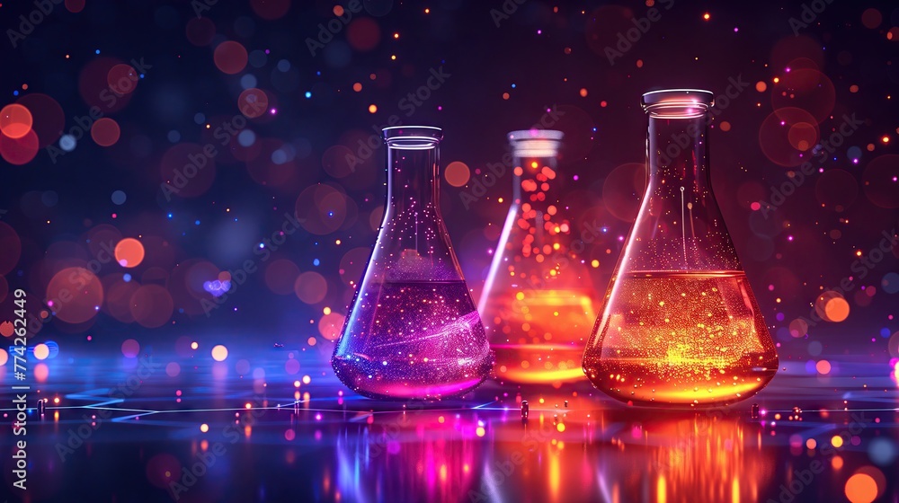 Experimental flask with neon colored liquid Science and chemistry concepts Test tube or glass beaker on technology background Experimental flask with neon colored liquid Science and chemistry concepts Test tube or glass beaker on technology background
