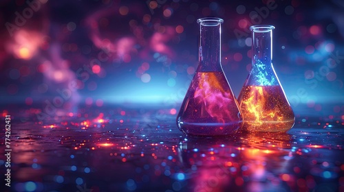 Experimental flask with neon colored liquid Science and chemistry concepts Test tube or glass beaker on technology background photo