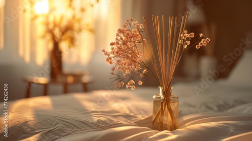 Reed diffuser on a cozy bedroom nightstand