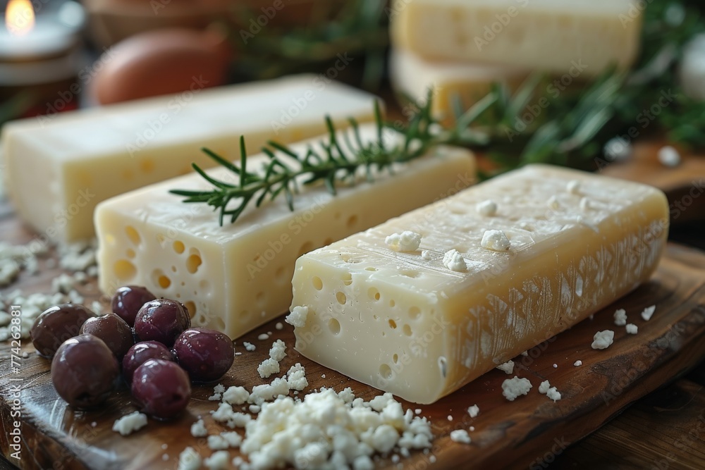 A rustic composition featuring blocks of aged cheese accompanied by olives and herbs on a wooden board