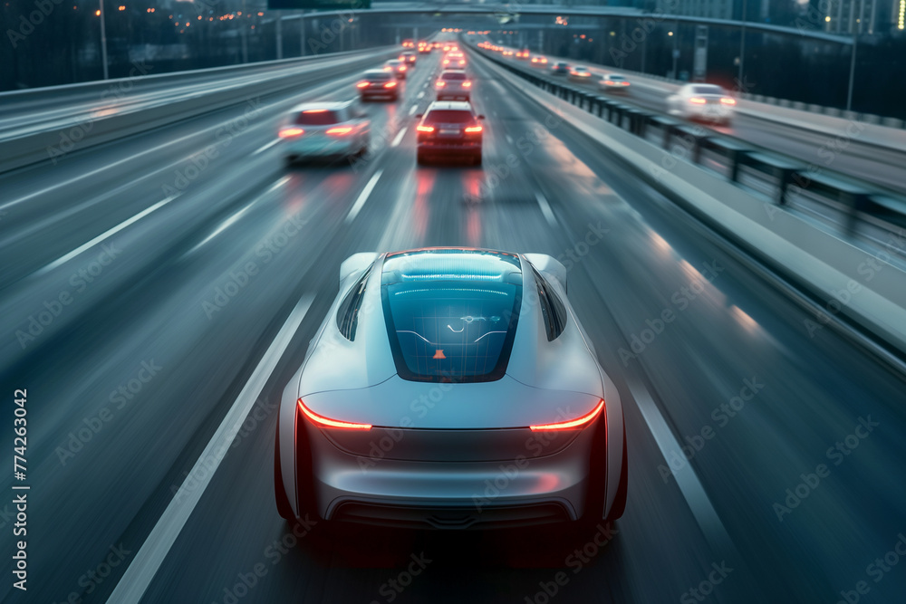 Future car technology, driverless cars, autonomous cars with surround sensors, on the highway.