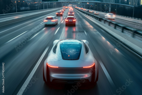 Future car technology, driverless cars, autonomous cars with surround sensors, on the highway. © Piyaphorn