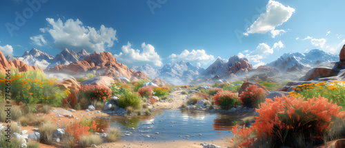 64k, 8k widescreen, wallpaper, amazing lanscape scene, flowers in desert, Colorful Meadow Beneath Majestic Sky © SJarkCube