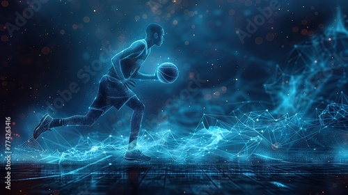 Abstract digital image of a basketball player. With a moving basketball in hand