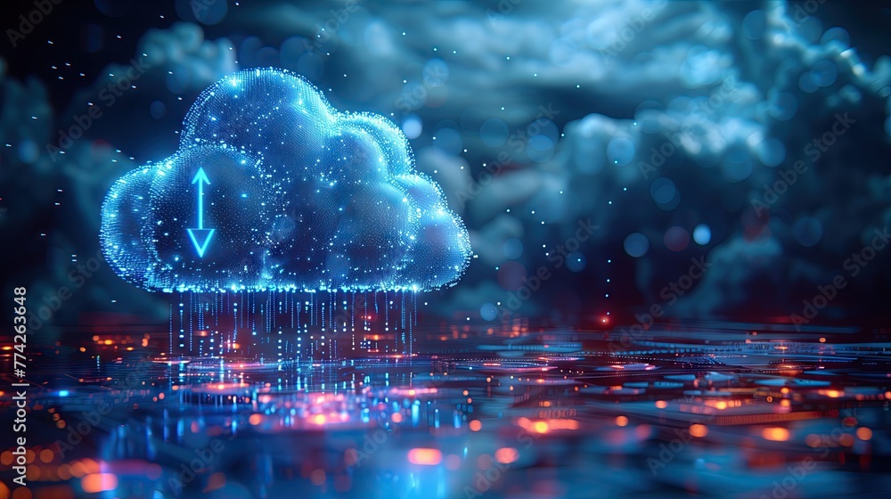 Abstract digital cloud with up and down arrows Cloud data transfer or storage technology concept Abstract digital cloud with up and down arrows Cloud data transfer or storage technology concept