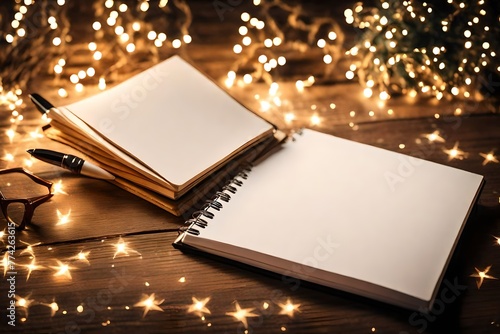 notepad on wooden desk with copyspace to add you text surrounded by fairy lightss photo