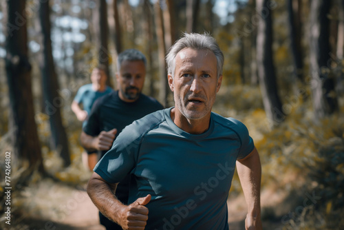 Middle-aged man in sportswear, short-sleeved shirt, with friends running trail, in pine forest.