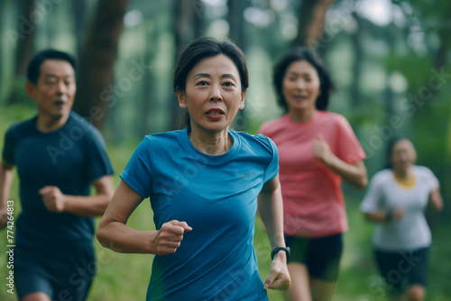 Middle-aged Asian woman in sportswear, short-sleeved shirt, with her friends running exercise, in public nature.