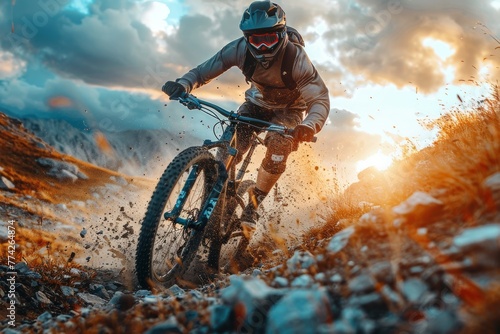 Mid-action shot of a mountain biker intensely navigating through a bumpy, rocky trail obscured by dirt