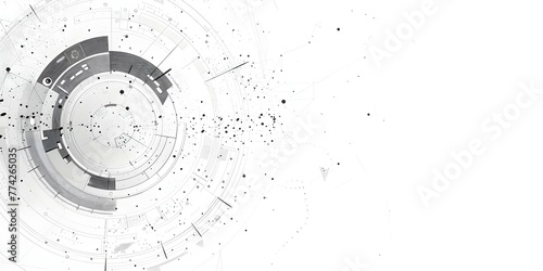 Abstract grey and white technology background with various elements and empty circle space for text . Concept Abstract Backgrounds, Technology, Grey and White, Design Elements, Empty Space