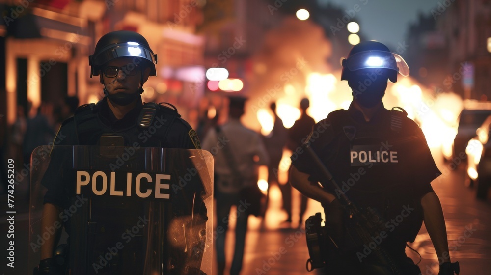 Riot police in action in a city Riot police in action in a city