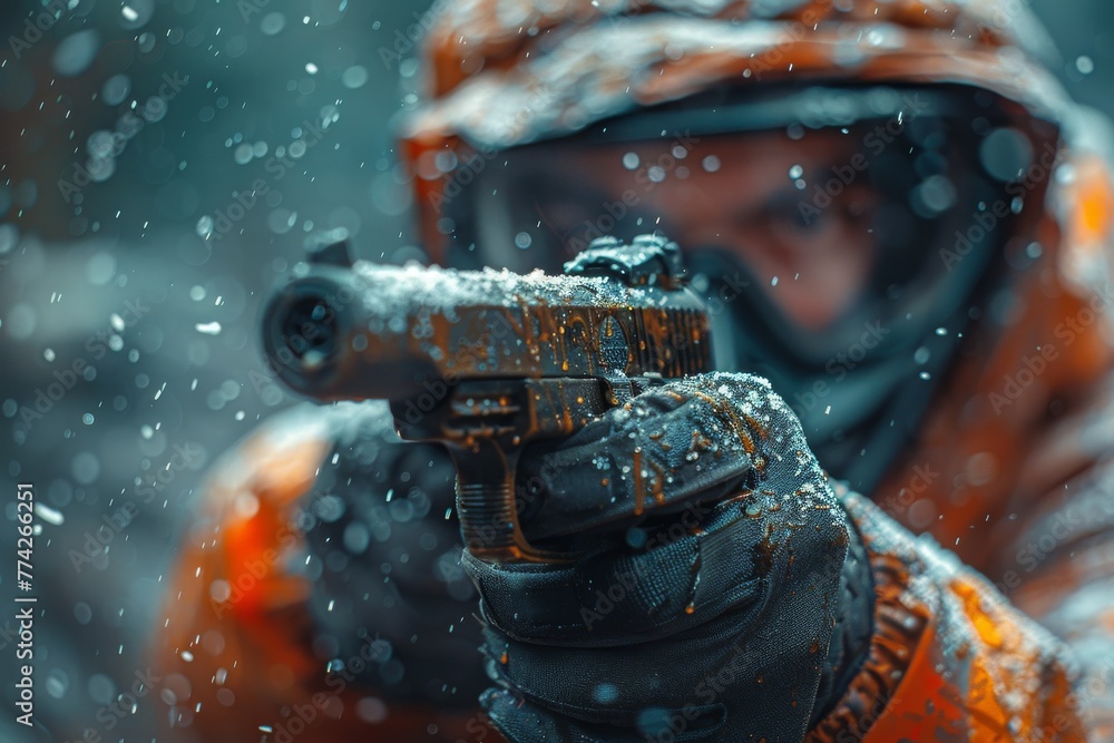 Detailed image showcasing the design of a futuristic soldier's armored suit with a metallic aesthetic under rain Detailed image showcasing the design of a futuristic soldier's armored suit with a metallic aesthetic under rain