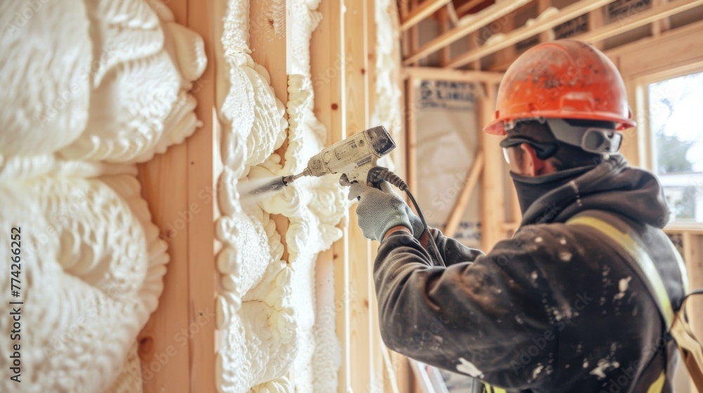 Construction worker uses insulation gun to spray foam between wall ...