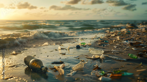Marine pollution, Plastic waste in our oceans, Dirty beach with plastic trash and other waste, Pollution on beaches and seas/oceans, Climate change, future of the oceans  AI Generated 