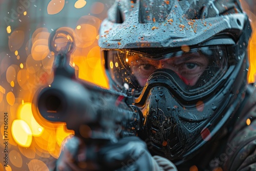 Intense scene showing a combatant in a heavy suit aiming with a rifle, highlighted by a blurred orange backdrop photo