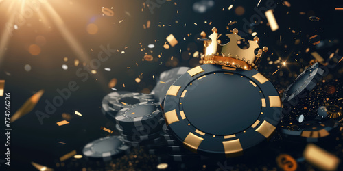 A royal crown atop a stack of poker chips, surrounded by a shower of golden confetti against a dark backdrop. © Александр Марченко
