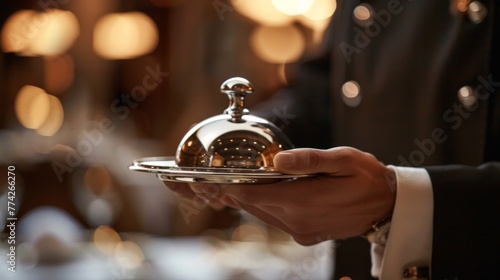 Waiter hands lifting a silver lid to reveal a gourmet dish photo