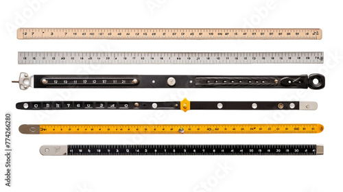 A collection of rulers in various sizes and designs arranged in a creative pattern