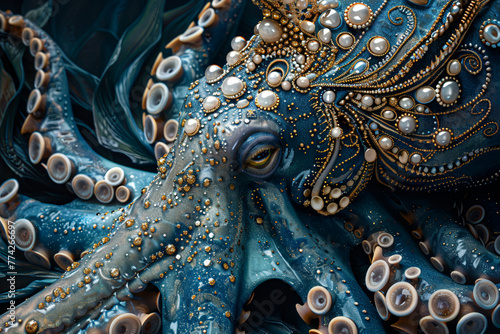 Create an enchanting image of abstract marine animals bedecked in finery fit for a royal court, their elegant attire and graceful movements captivating all who behold them © Izhar