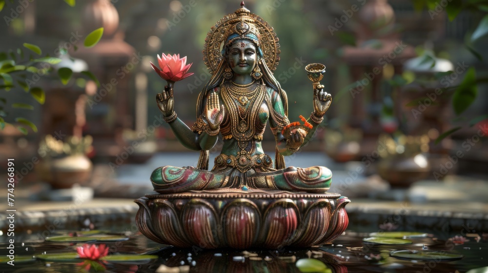3D sculpture of Goddess Lakshmi with ornate patterns and rich colors 3D sculpture of Goddess Lakshmi with ornate patterns and rich colors