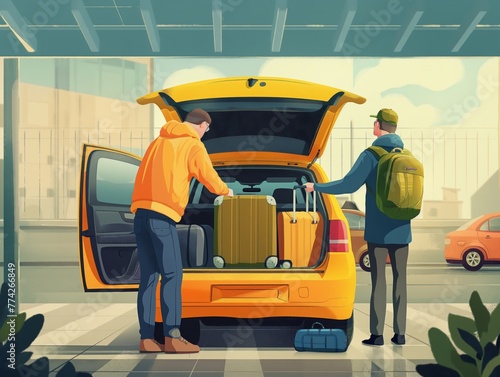 Illustration of a taxi driver helping a passenger load luggage into the trunk at an airport