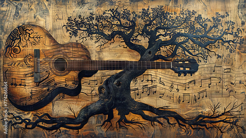 An imaginative artwork featuring a guitar blending into a tree with musical notes swirling among twisted branches, in sepia tones.