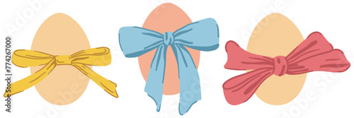 Set of Easter Eggs with Coquette Bow Ribbon. Elegant Easter Egg Collection. Cute Aesthetic Colorful Holiday Vector Illustration. Hand Drawn Childish Kids Cartoon Style. Isolated on White Background.