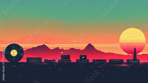 An artistic representation of a sunset over a stylized mountain cityscape with a vinyl record as the setting sun, in warm retro colors. photo