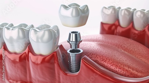 3D illustration the process of dental implant. Crown, abutment, screw. photo