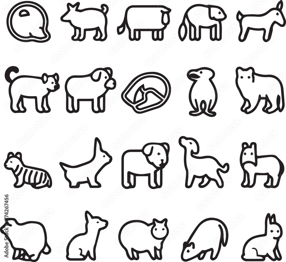 Animals side view thin line icons outline black and white Animals side view thin line icons outline black and white