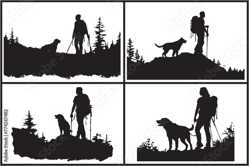 Vector silhouette of man with dog white background