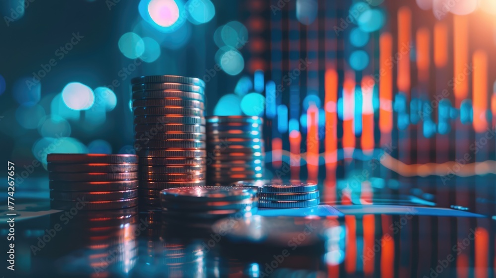 Stack of coins and a graph chart illustrating upward growth. Background with dynamic visual representation of financial and market success, investment, money profit concept and trading Stack of coins and a graph chart illustrating upward growth. Background with dynamic visual representation of financial and market success, investment, money profit concept and trading