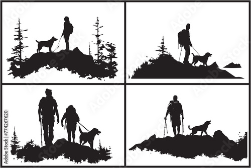 Vector silhouette of man with dog white background