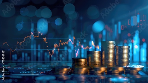Stack of coins and a graph chart illustrating upward growth. Background with dynamic visual representation of financial and market success, investment, money profit concept and trading