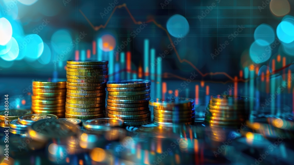 Stack of coins and a graph chart illustrating upward growth. Background with dynamic visual representation of financial and market success, investment, money profit concept and trading Stack of coins and a graph chart illustrating upward growth. Background with dynamic visual representation of financial and market success, investment, money profit concept and trading